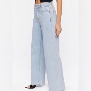 wide leg , high waisted blue jeans